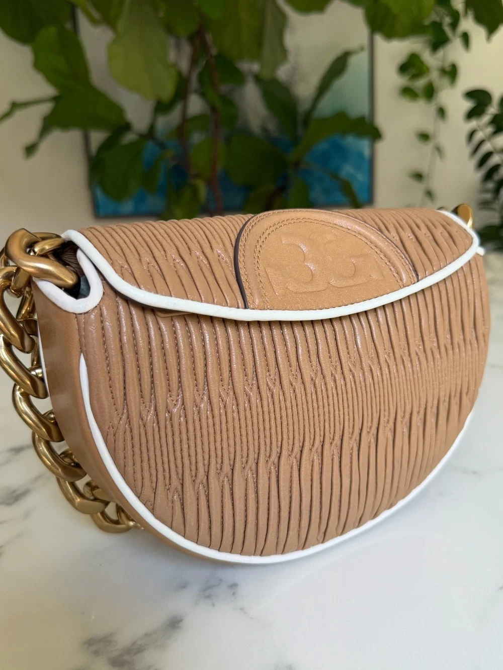 Tory Burch Fleming Soft Pleated Mini Crescent Bag Dusty Almond Leather w/ Chain